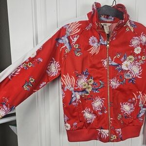 Forever 21 Girls Red Floral Bomber Jacket Size 11/12 Gold Zipper